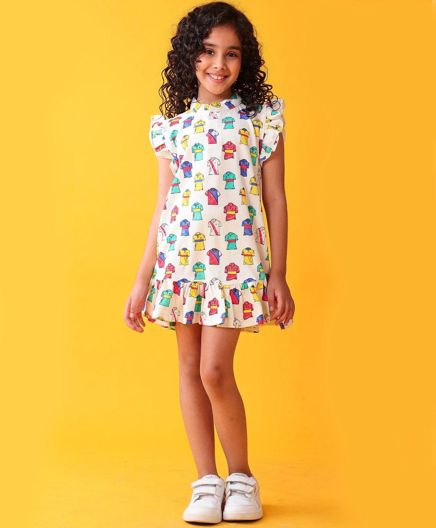 POLO PRINT GIRLS SUMMER COTTON PARTY DRESS - OFF WHITE