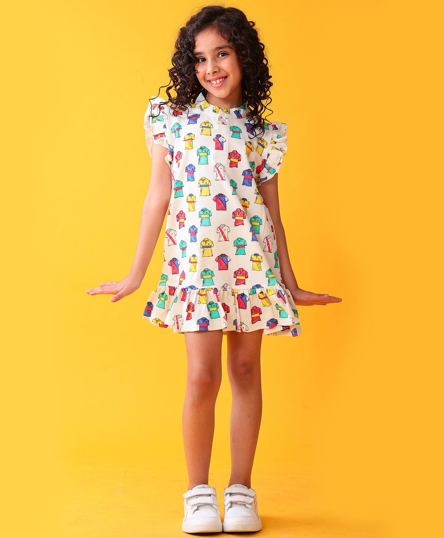 POLO PRINT GIRLS SUMMER COTTON PARTY DRESS - OFF WHITE