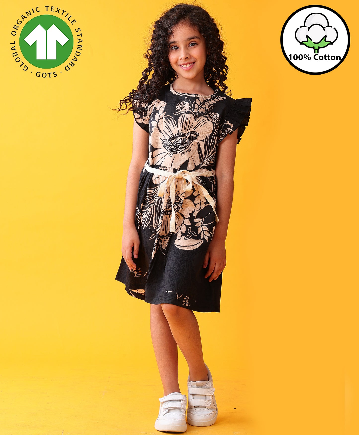 BLACK FLORAL SUMMER PURE COTTON PARTY DRESS - BLACK