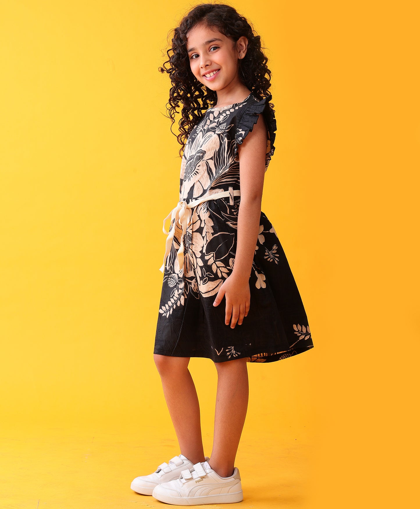 BLACK FLORAL SUMMER PURE COTTON PARTY DRESS - BLACK