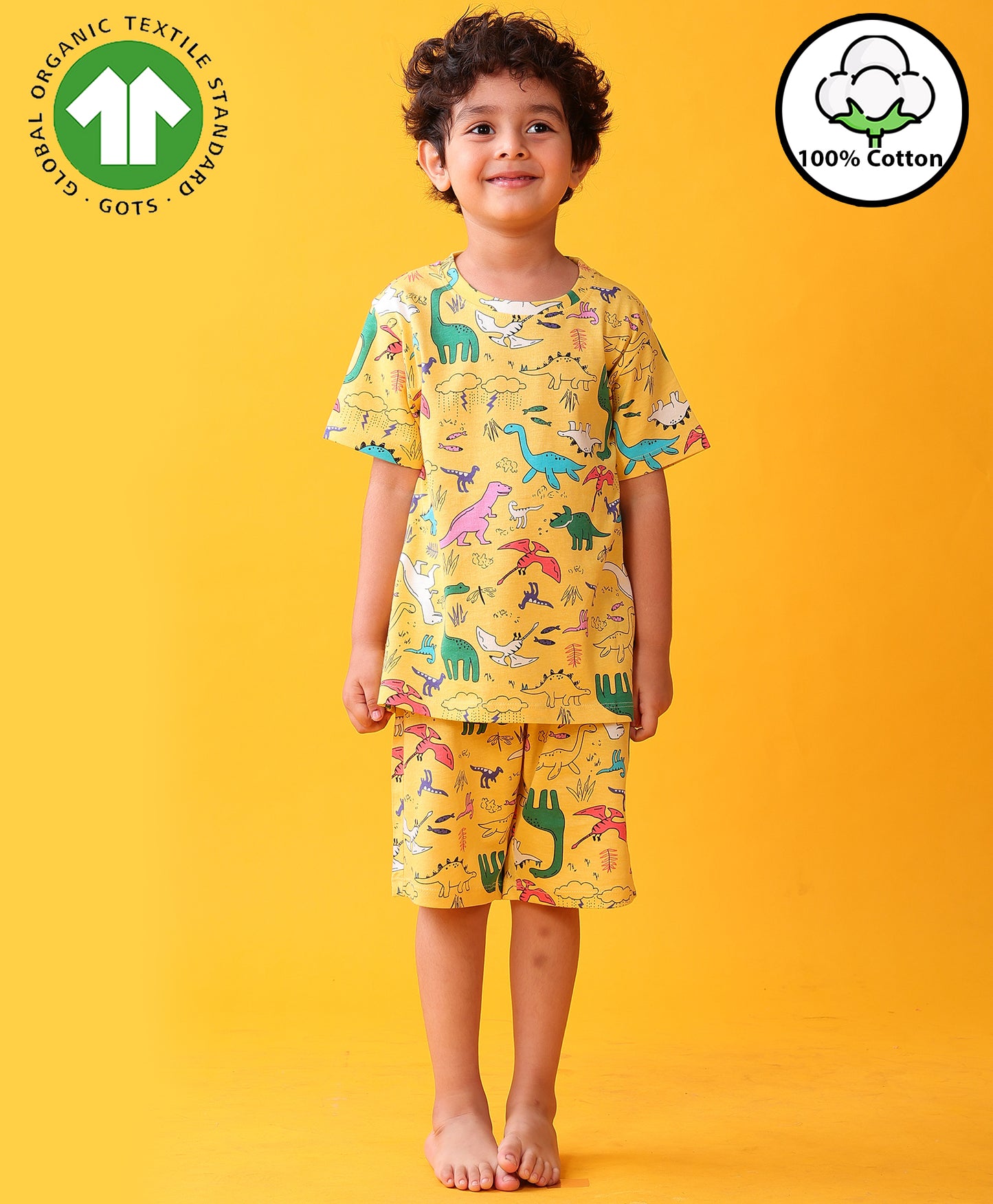 RAINING DINOSAUR PLAYTIME SLEEPWEAR SHORTS SET - YELLOW