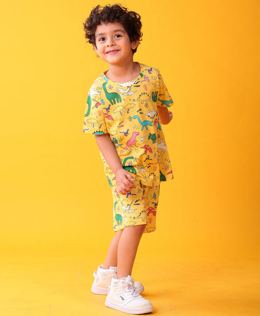 RAINING DINOSAUR PLAYTIME T-SHIRT SHORT SET - YELLOW