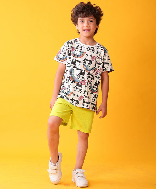 PANDA LIME SUMMER T-SHIRT SHORTS CLOTHING SET - WHITE/LIME