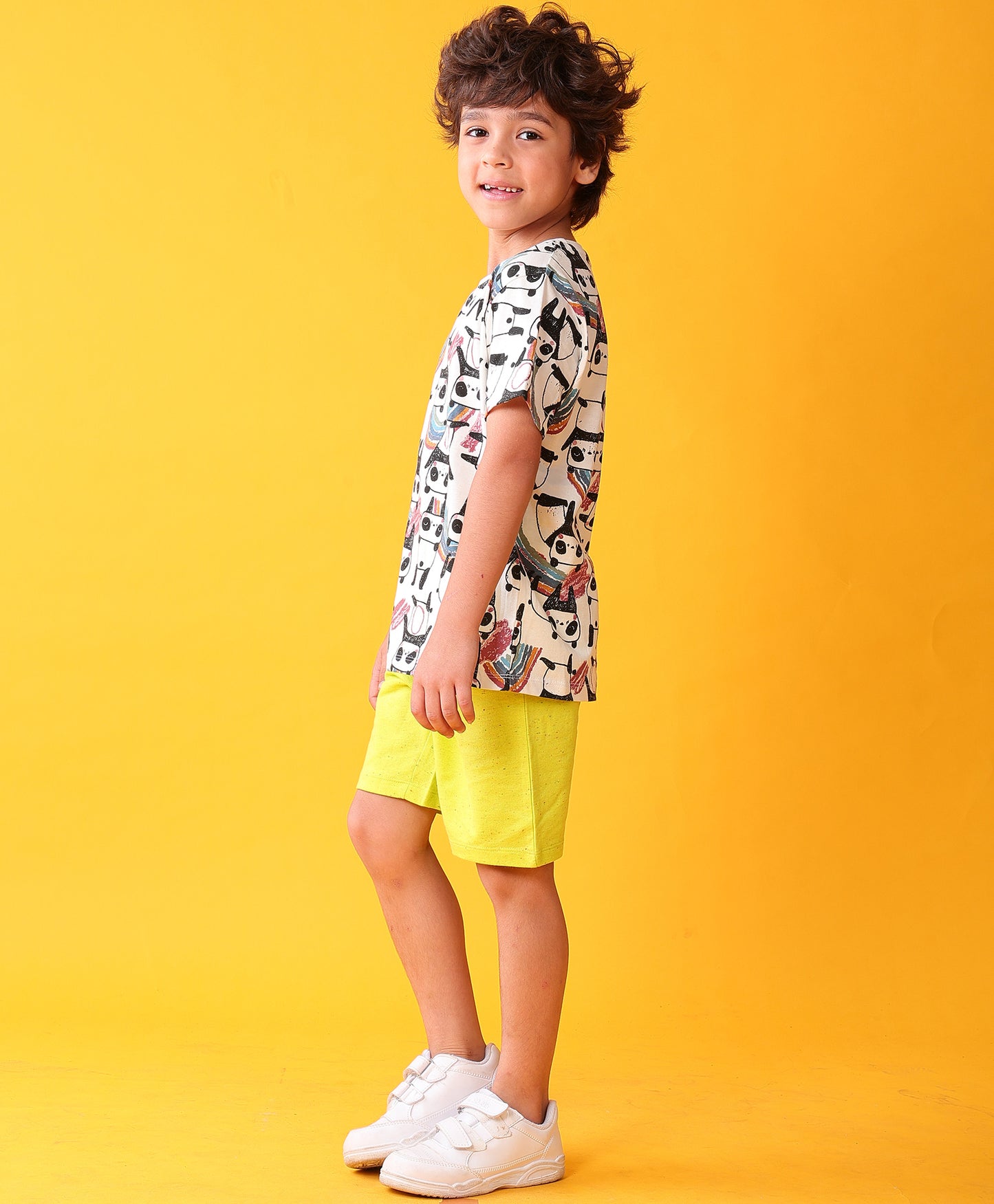PANDA LIME SUMMER T-SHIRT SHORTS CLOTHING SET - WHITE/LIME