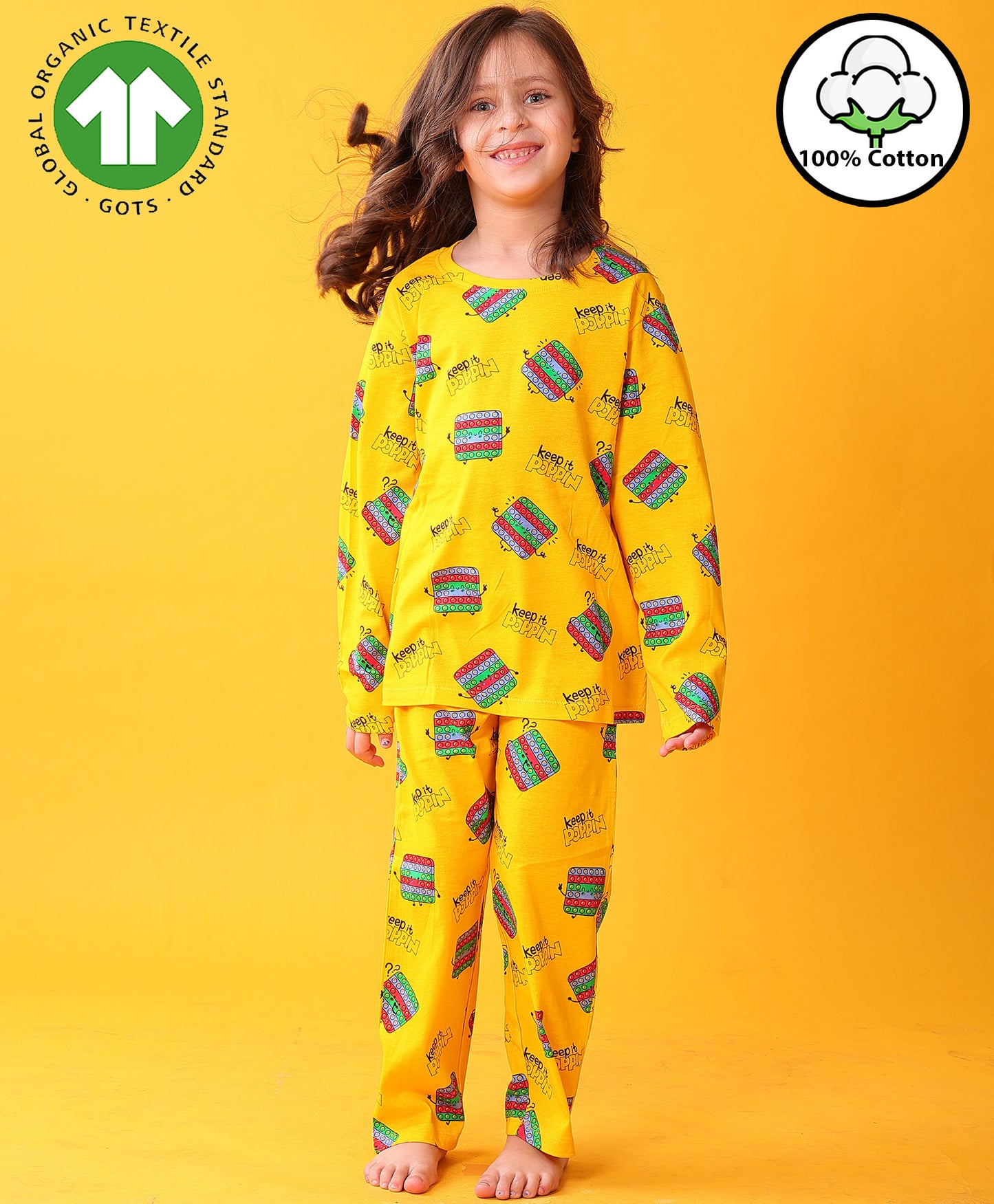 POP IT LONG GIRLS SLEEVES PYJAMA SET - YELLOW