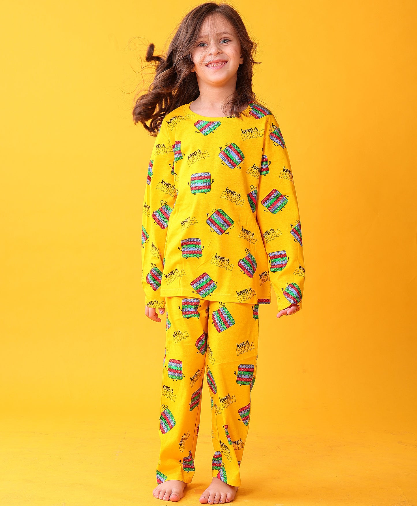POP IT LONG GIRLS SLEEVES PYJAMA SET - YELLOW