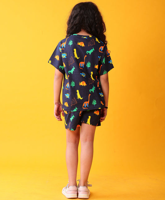 DINOSAUR FUN PLAYTIME GIRLS T-SHIRT SHORT SET - NAVY