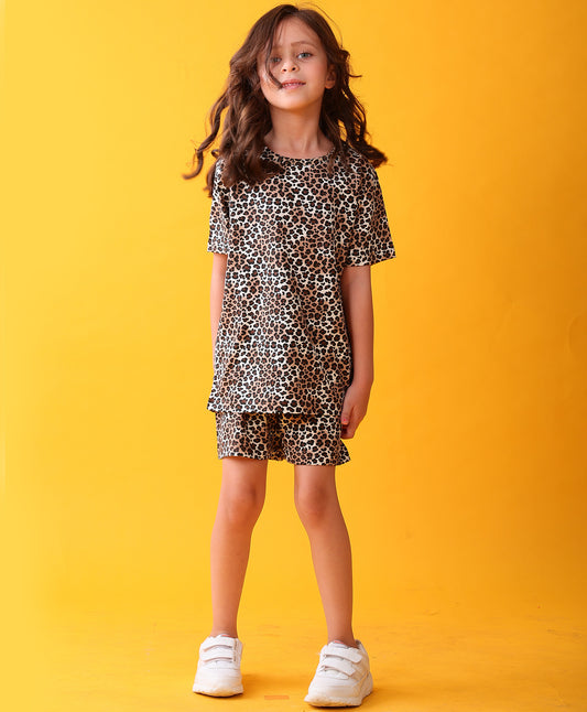 LEOPARD PLAYTIME GIRLS T-SHIRT SHORT SET - BLACK