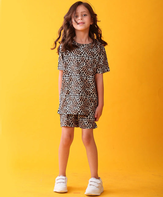 LEOPARD PLAYTIME GIRLS T-SHIRT SHORT SET - BLACK