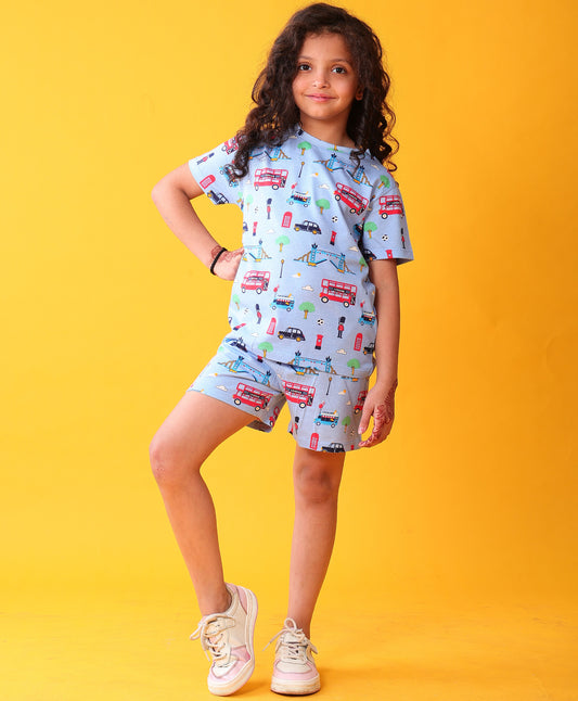 LONDON PLAYTIME GIRLS T-SHIRT SHORT SET - SKY