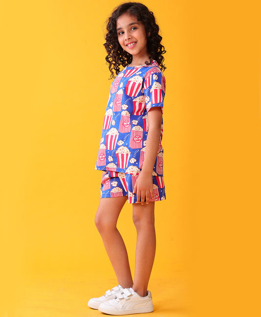 POPCORN MOVIE TIME GIRLS T-SHIRT SHORT SET - BLUE