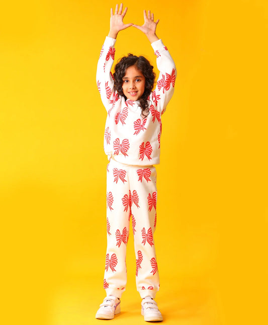 PINK BOW GIRLS SWEATSHIRT FLEECE JOGGER SET - WHITE