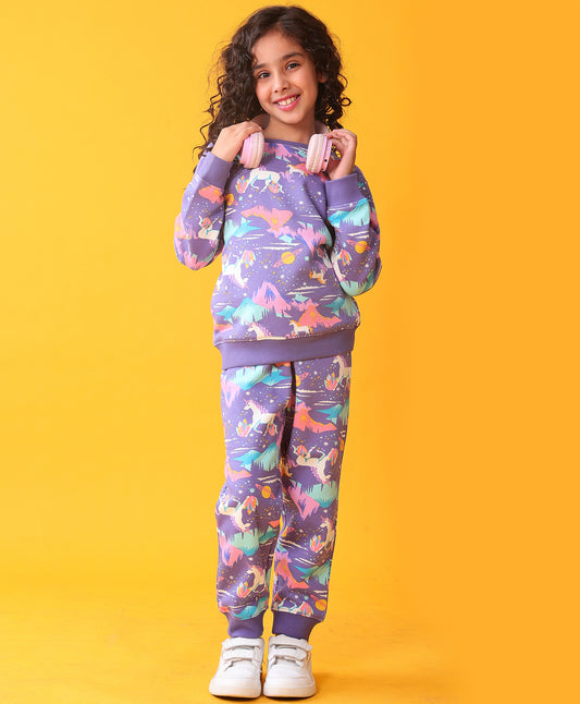 UNICORN PLANET GIRLS SWEATSHIRT FLEECE JOGGER SET - PURPLE