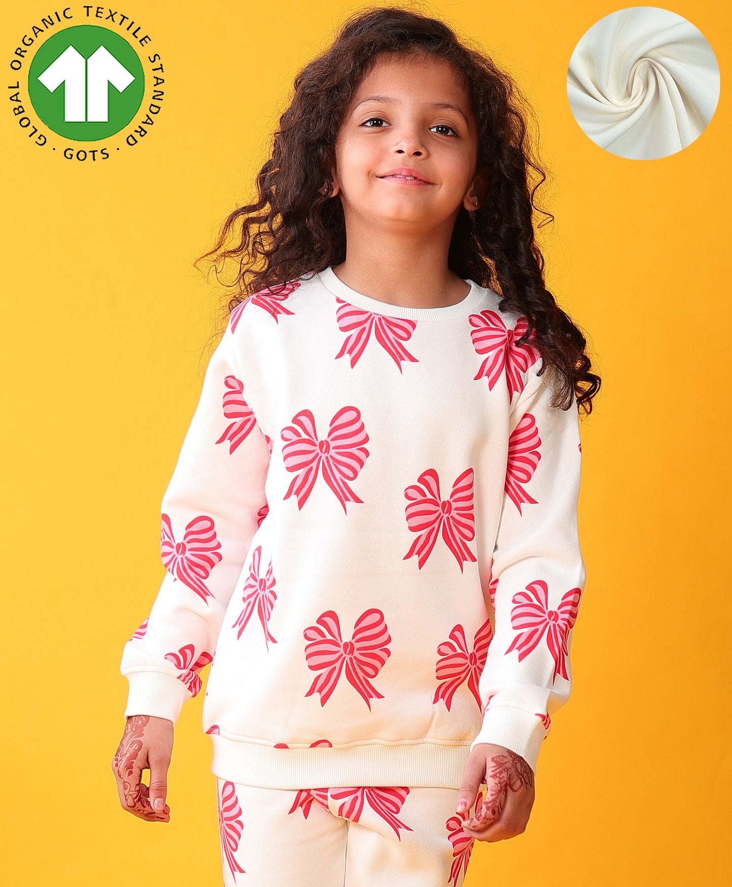 PINK BOW FLEECE GIRLS SWEATSHIRT - OFF WHITE