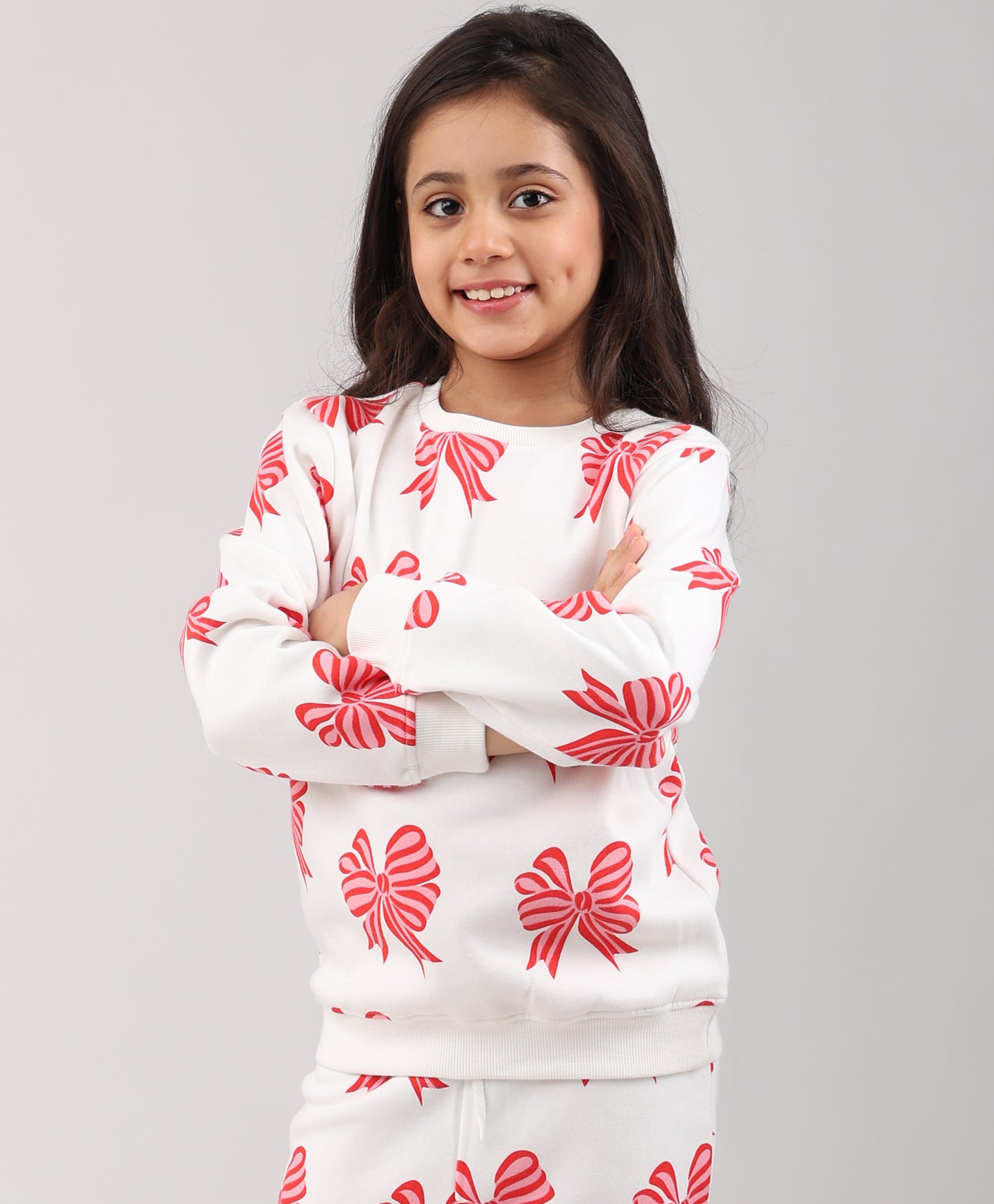 PINK BOW FLEECE GIRLS SWEATSHIRT - OFF WHITE
