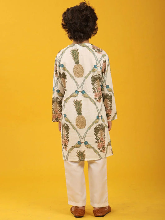 PINEAPPLE PRINT PURE COTTON KURTA PYJAMA SET - WHITE