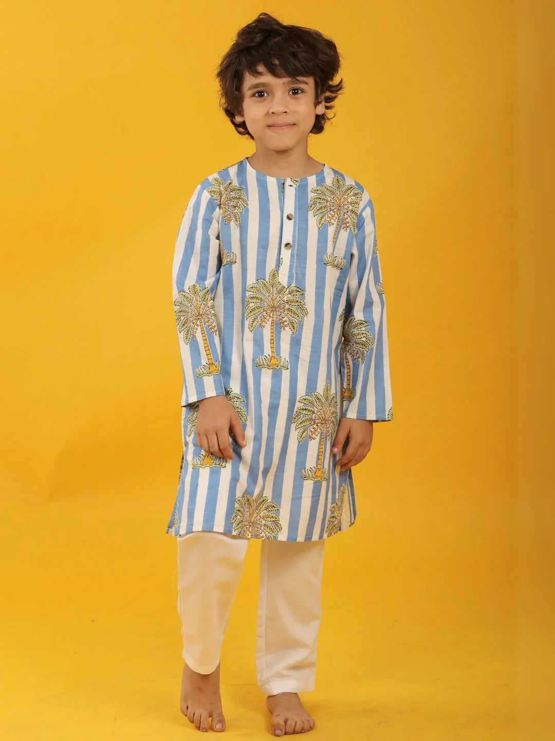 STRIPED FLORAL TREE PRINT PURE COTTON KURTA PYJAMA SET - WHITE