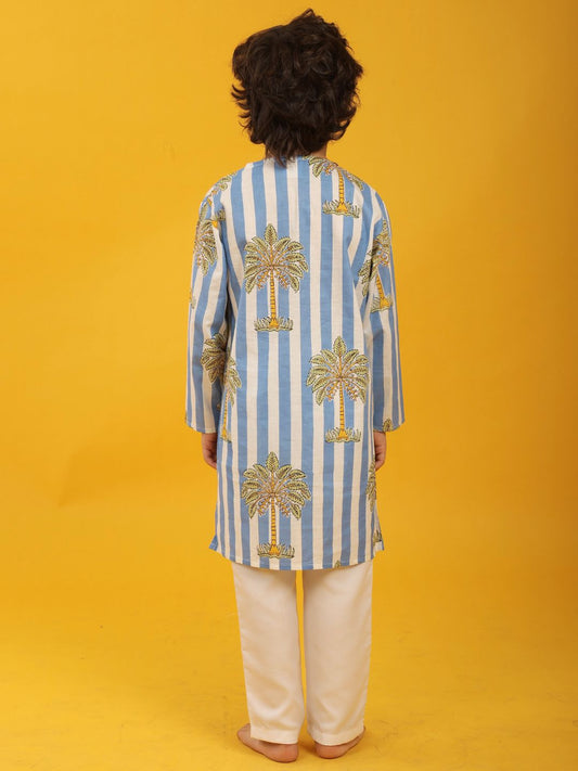 STRIPED FLORAL TREE PRINT PURE COTTON KURTA PYJAMA SET - WHITE