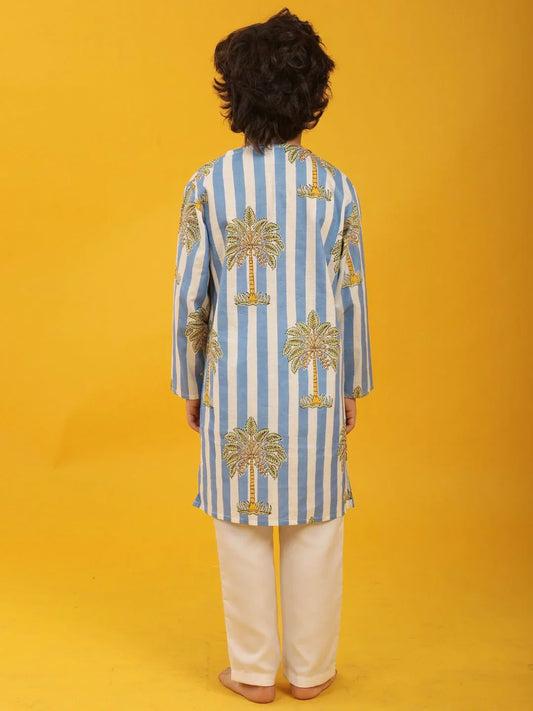 STRIPED FLORAL TREE PRINT PURE COTTON KURTA PYJAMA SET - WHITE