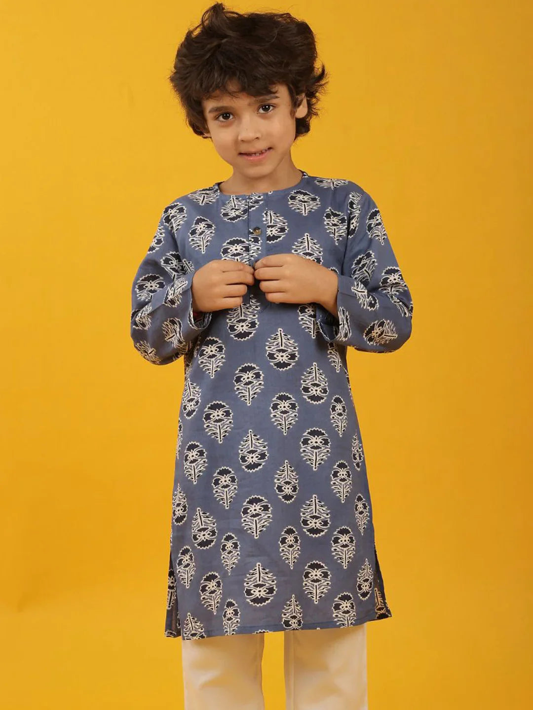 GREY BLUE FLORAL PRINT PURE COTTON KURTA - BLUE