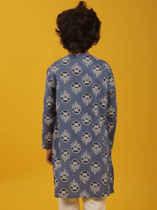 GREY BLUE FLORAL PRINT PURE COTTON KURTA - BLUE