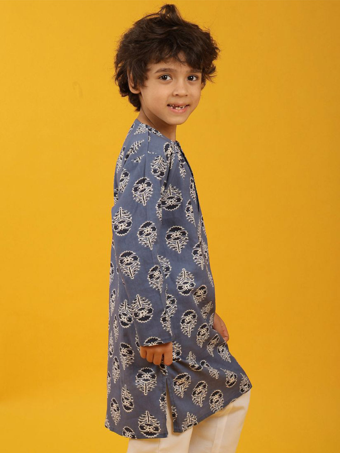 GREY BLUE FLORAL PRINT PURE COTTON KURTA - BLUE