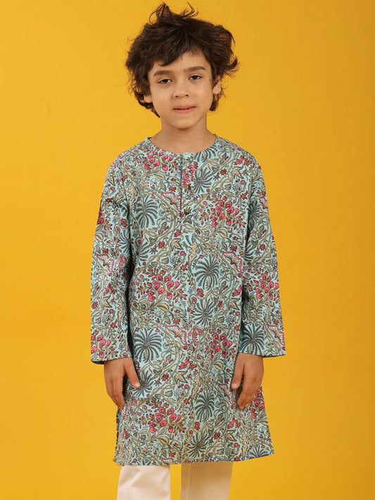 SKY BLUE FLORAL PRINT PURE COTTON KURTA - SKY BLUE