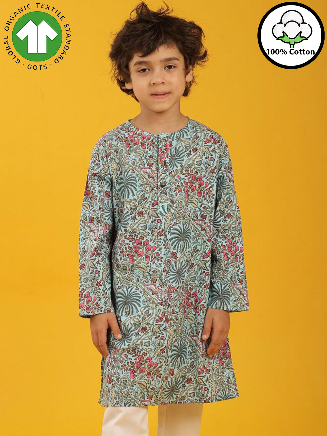 SKY BLUE FLORAL PRINT PURE COTTON KURTA - SKY BLUE