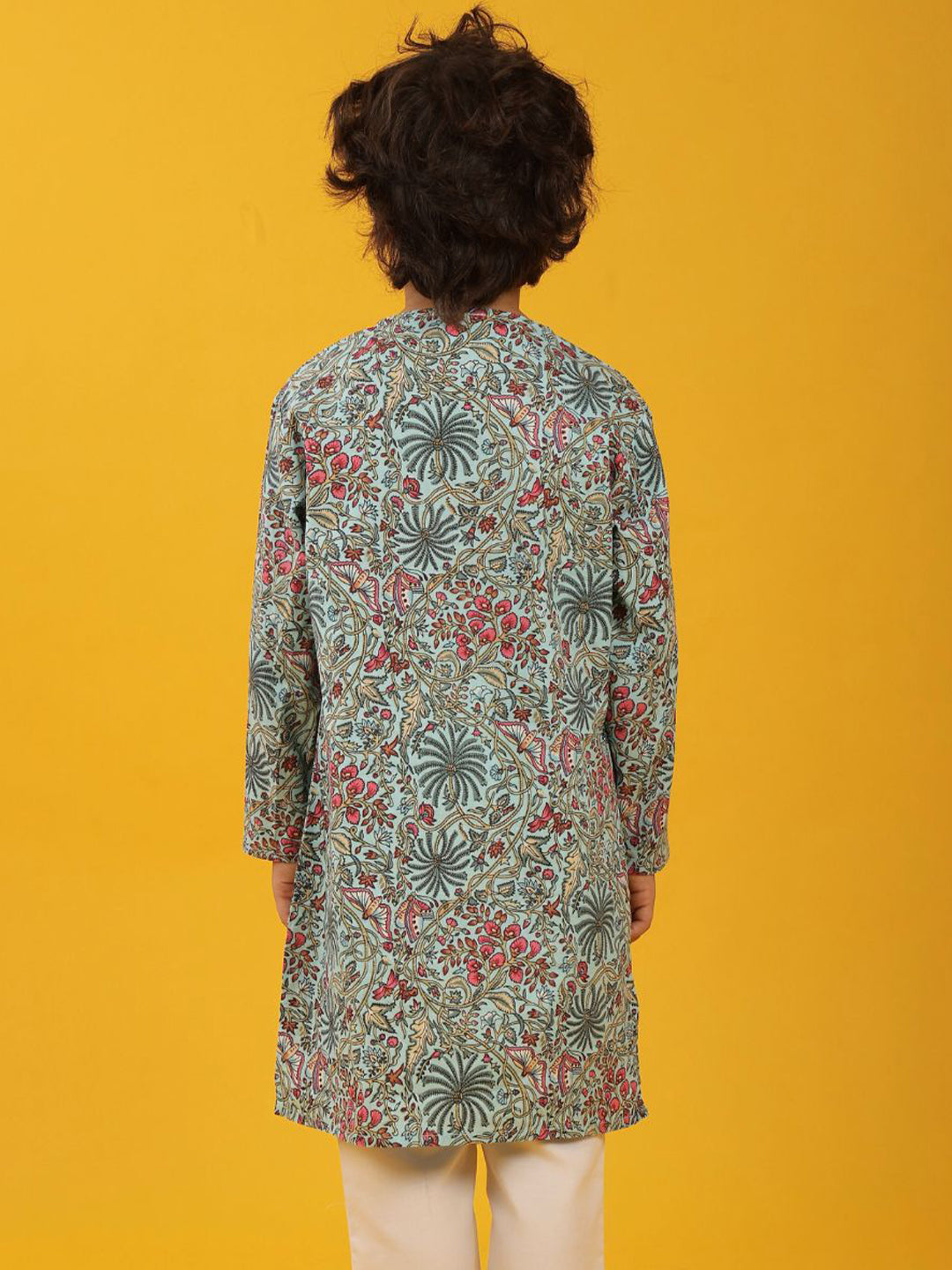 SKY BLUE FLORAL PRINT PURE COTTON KURTA - SKY BLUE