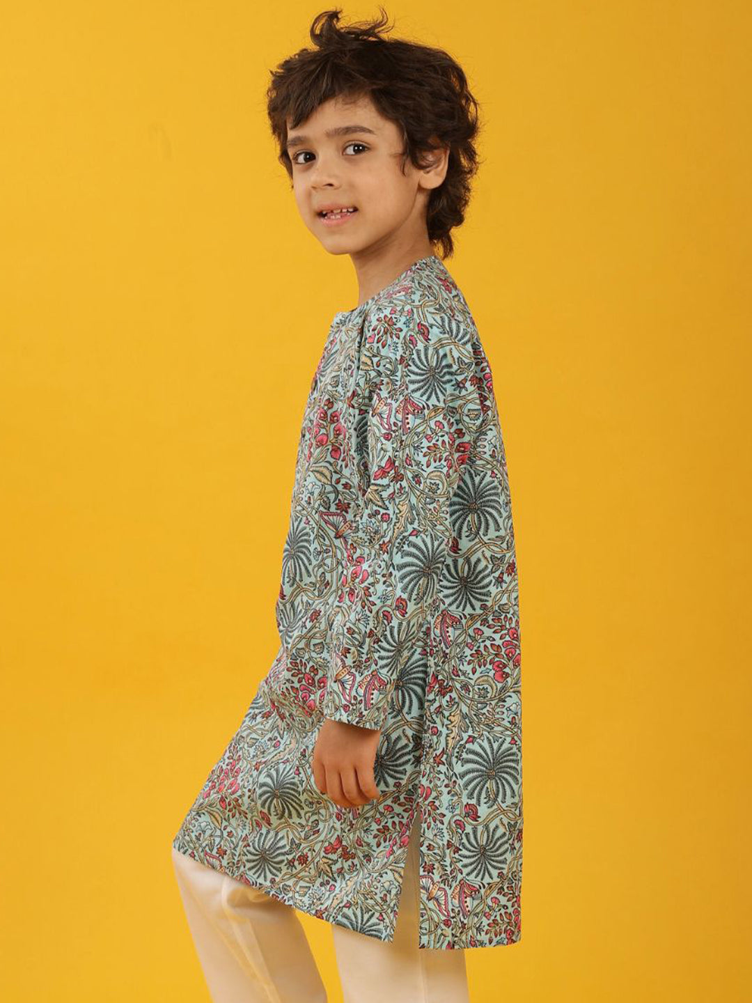 SKY BLUE FLORAL PRINT PURE COTTON KURTA - SKY BLUE