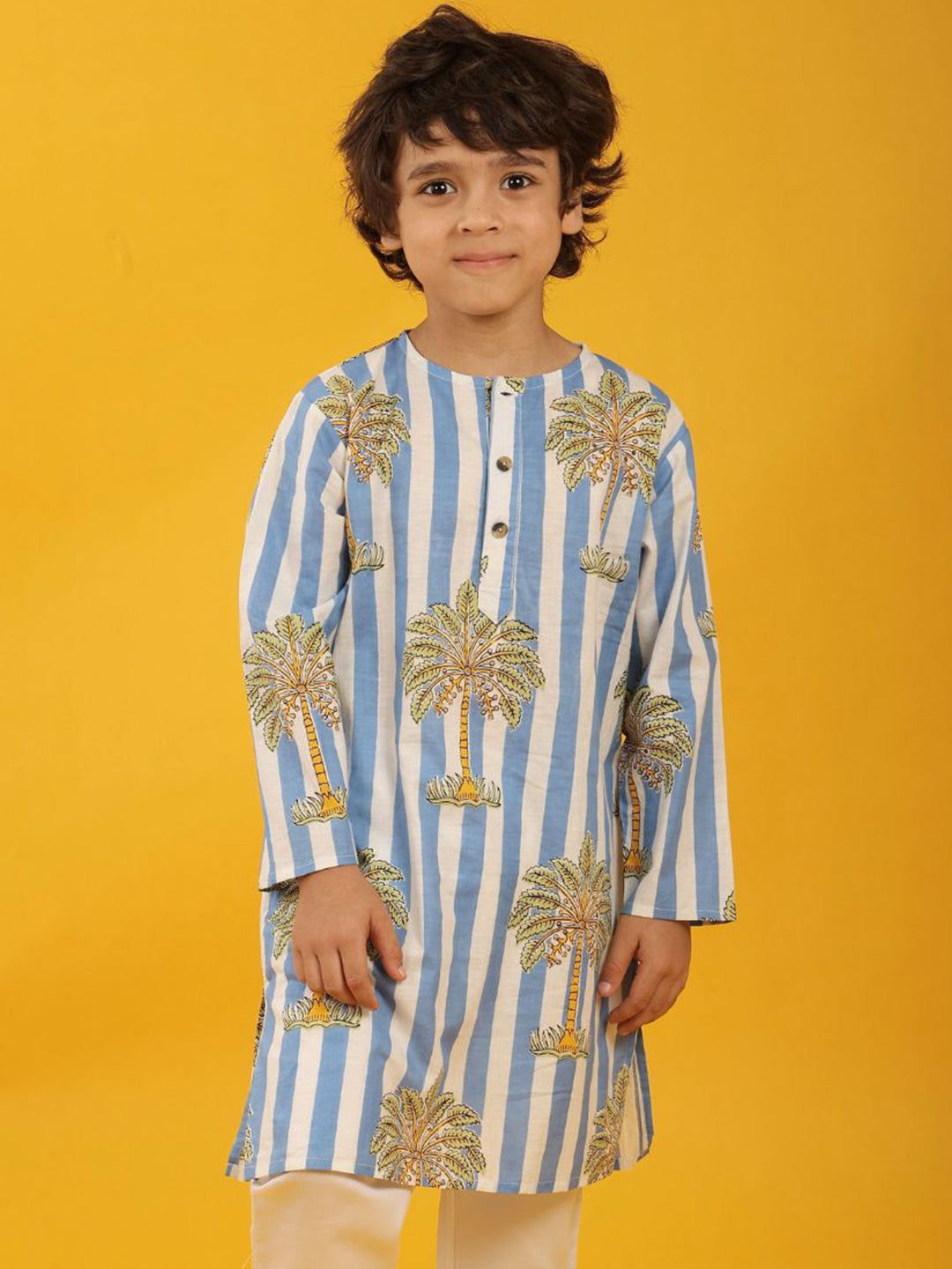 STRIPED FLORAL TREE PRINT PURE COTTON KURTA - WHITE