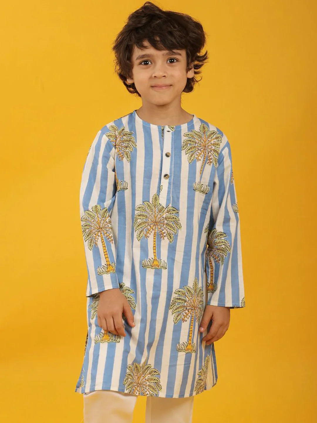 STRIPED FLORAL TREE PRINT PURE COTTON KURTA - WHITE