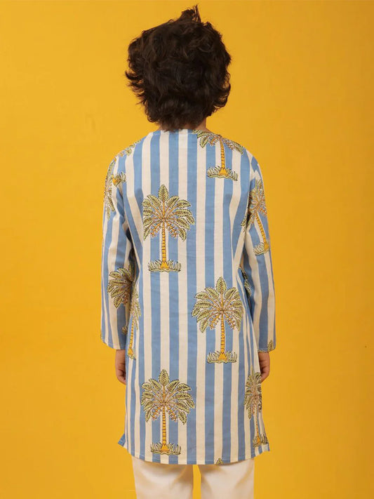 STRIPED FLORAL TREE PRINT PURE COTTON KURTA - WHITE