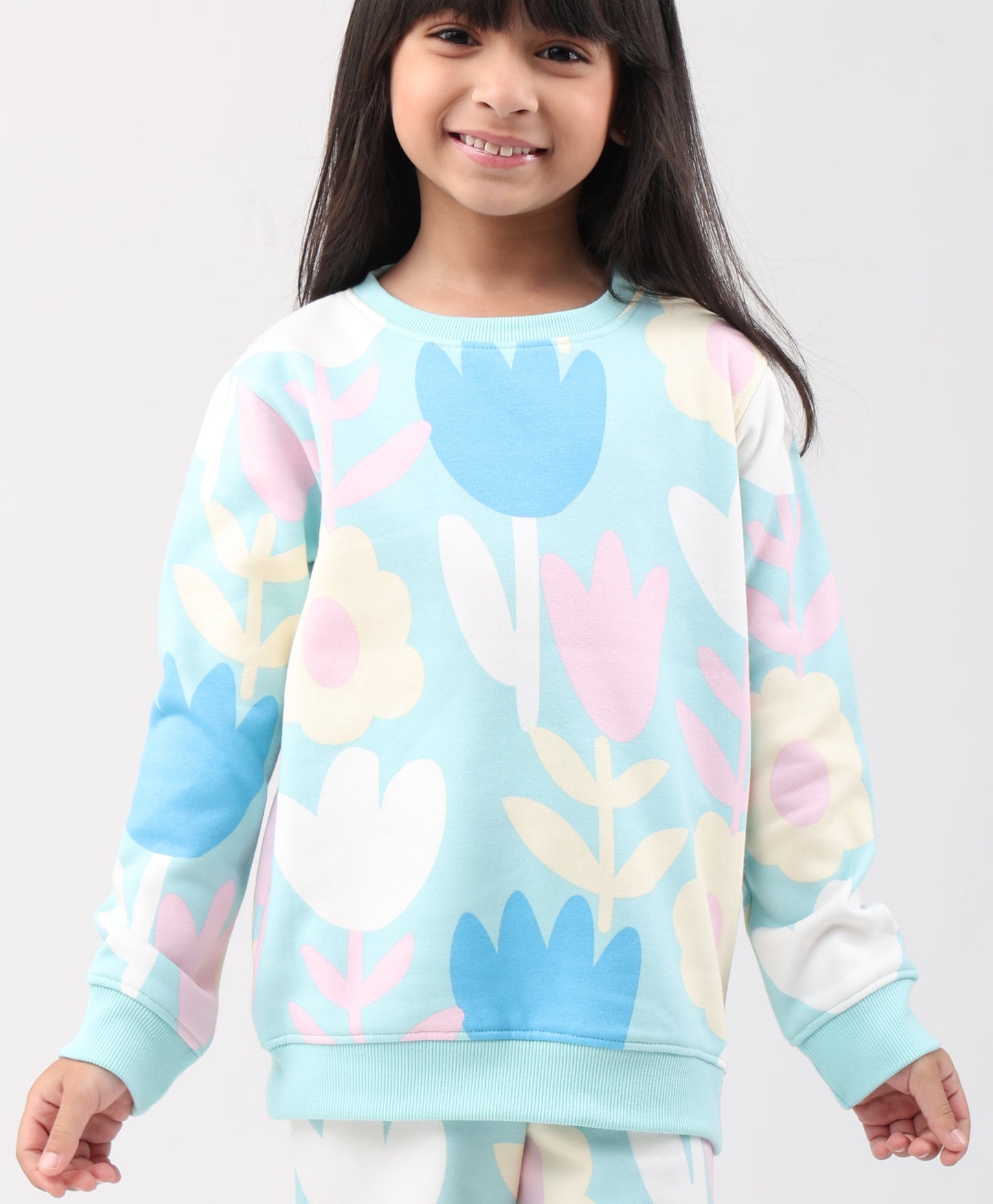 AQUA FLOWER FLEECE GIRLS SWEATSHIRT JOGGER SET - AQUA