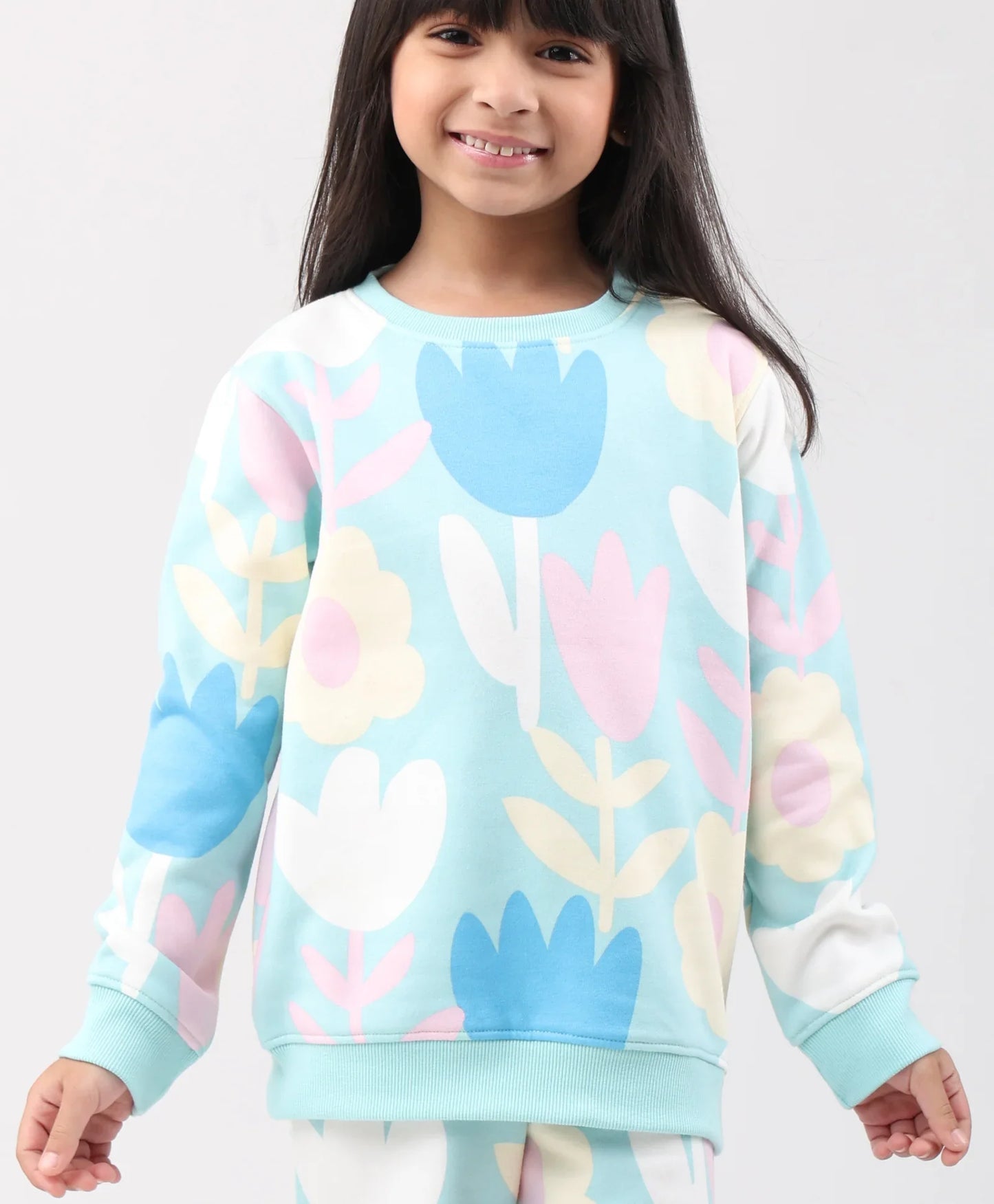 AQUA FLOWER FLEECE GIRLS SWEATSHIRT JOGGER SET - AQUA