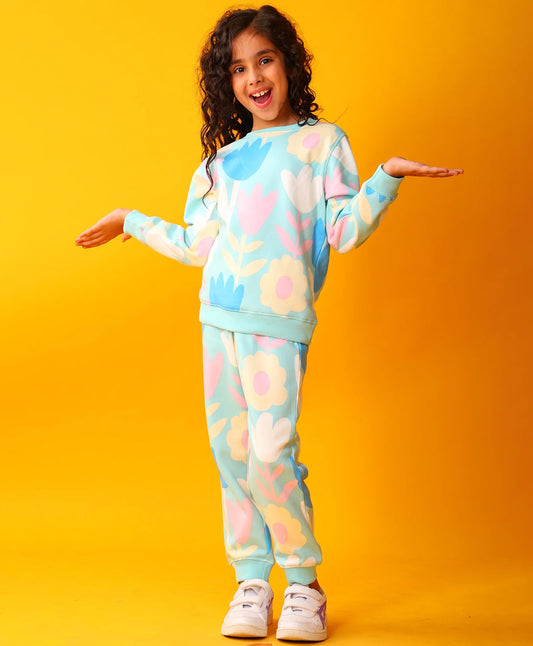 AQUA FLOWER FLEECE GIRLS SWEATSHIRT JOGGER SET - AQUA