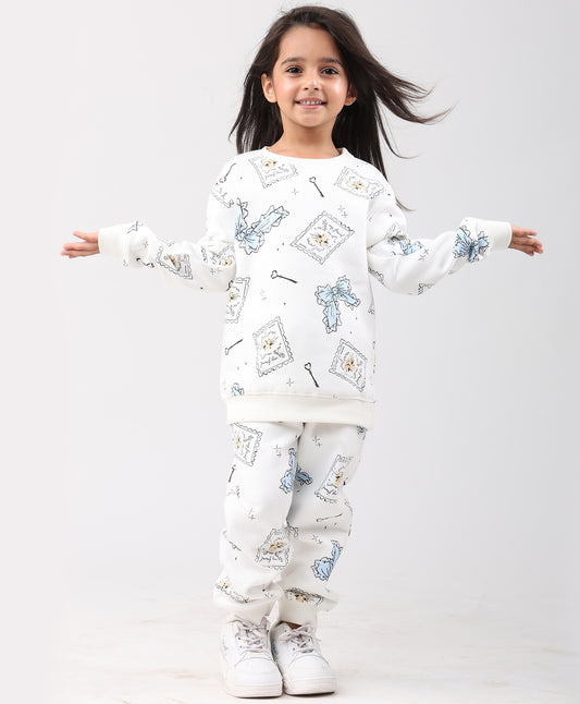 BOW KEY CAT GIRLS FLEECE SWEATSHIRT JOGGER SET - WHITE