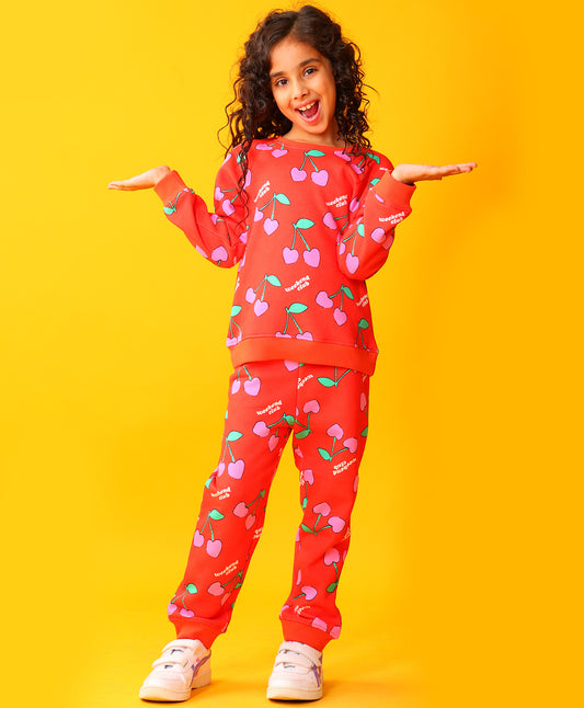 CHERRY RED FLEECE GIRLS SWEATSHIRT JOGGER SET - RED
