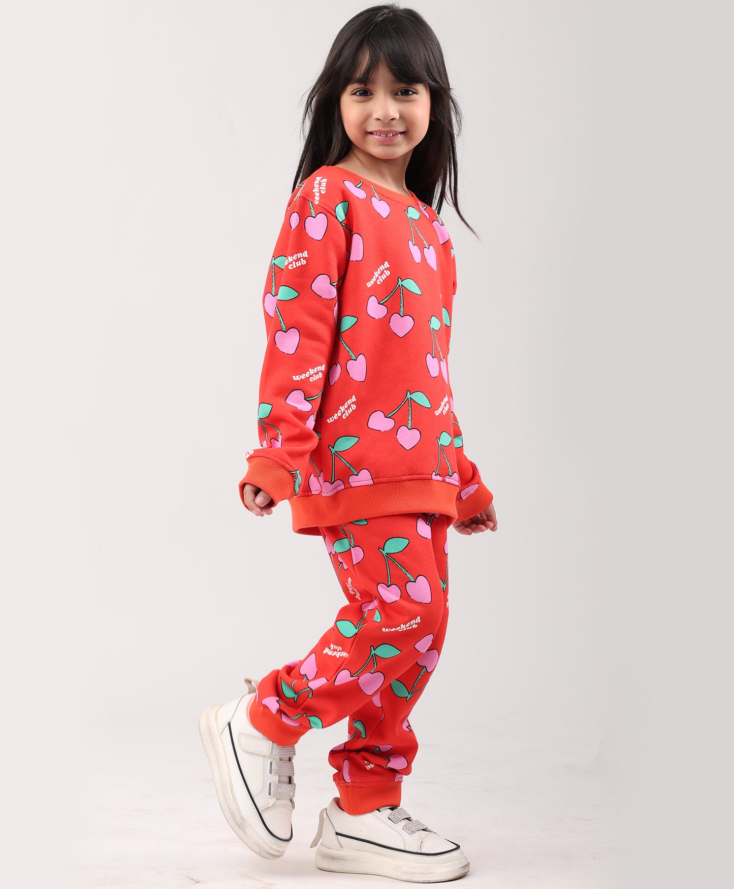 CHERRY RED FLEECE GIRLS SWEATSHIRT JOGGER SET - RED