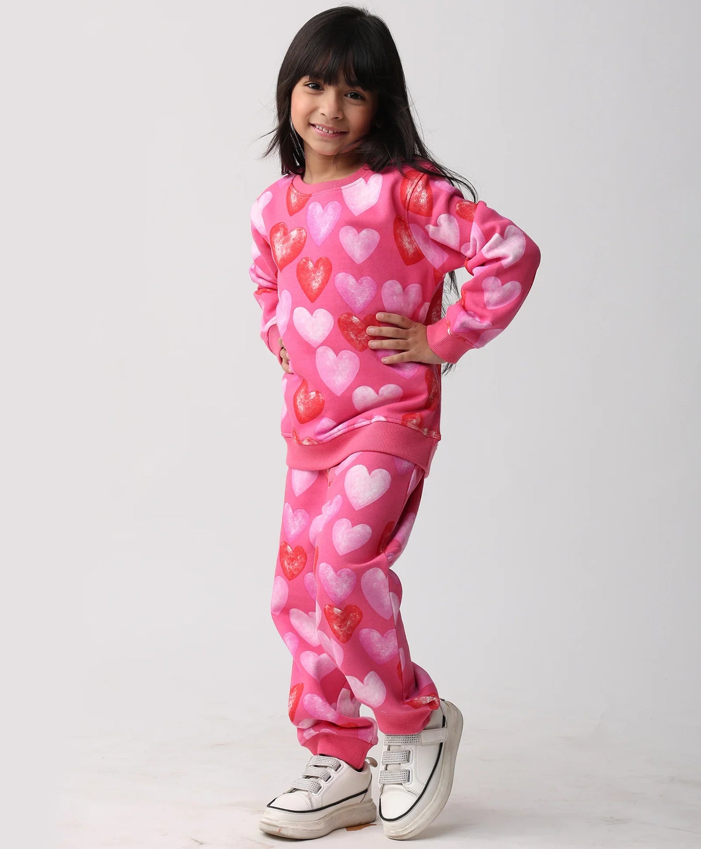 HEART PINK FLEECE GIRLS SWEATSHIRT JOGGER SET - PINK
