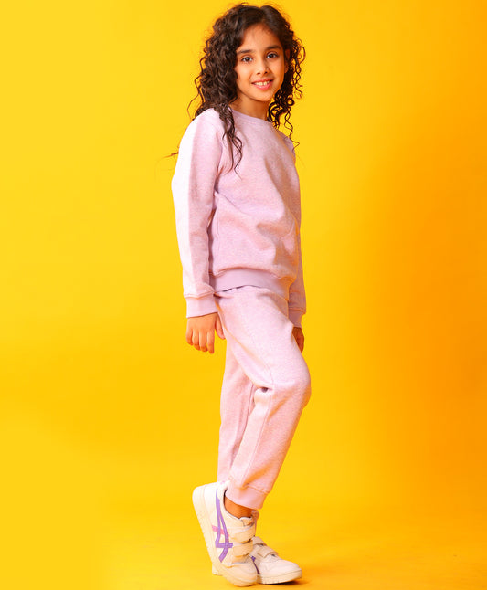 PURPLE MELANGE GIRLS FLEECE SWEATSHIRT JOGGER SET - PURPLE