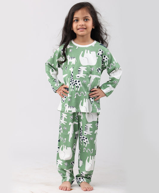 ANIMAL GREEN GIRLS LONG SLEEVE PYJAMA SET - GREEN