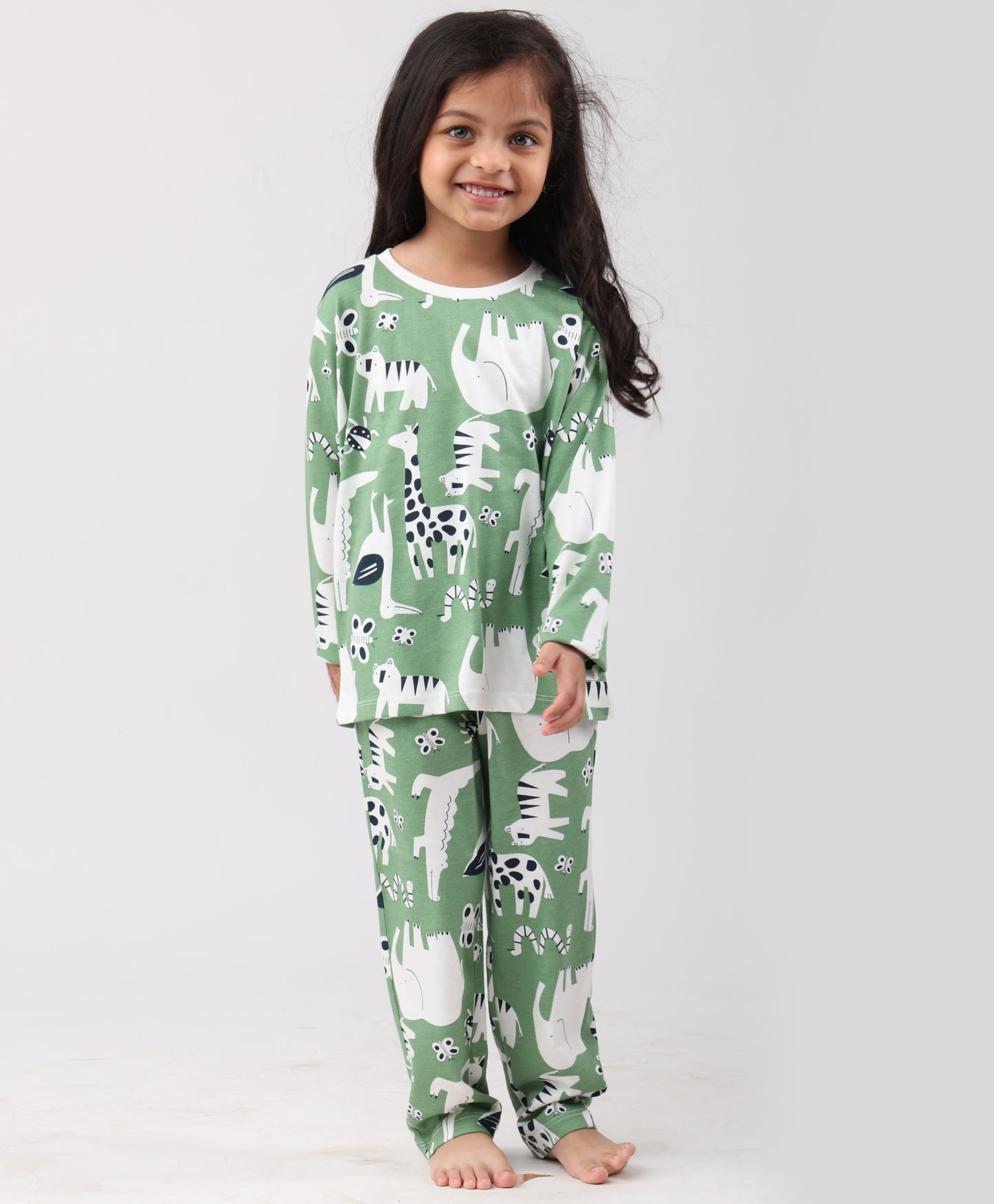 ANIMAL GREEN GIRLS LONG SLEEVE PYJAMA SET - GREEN