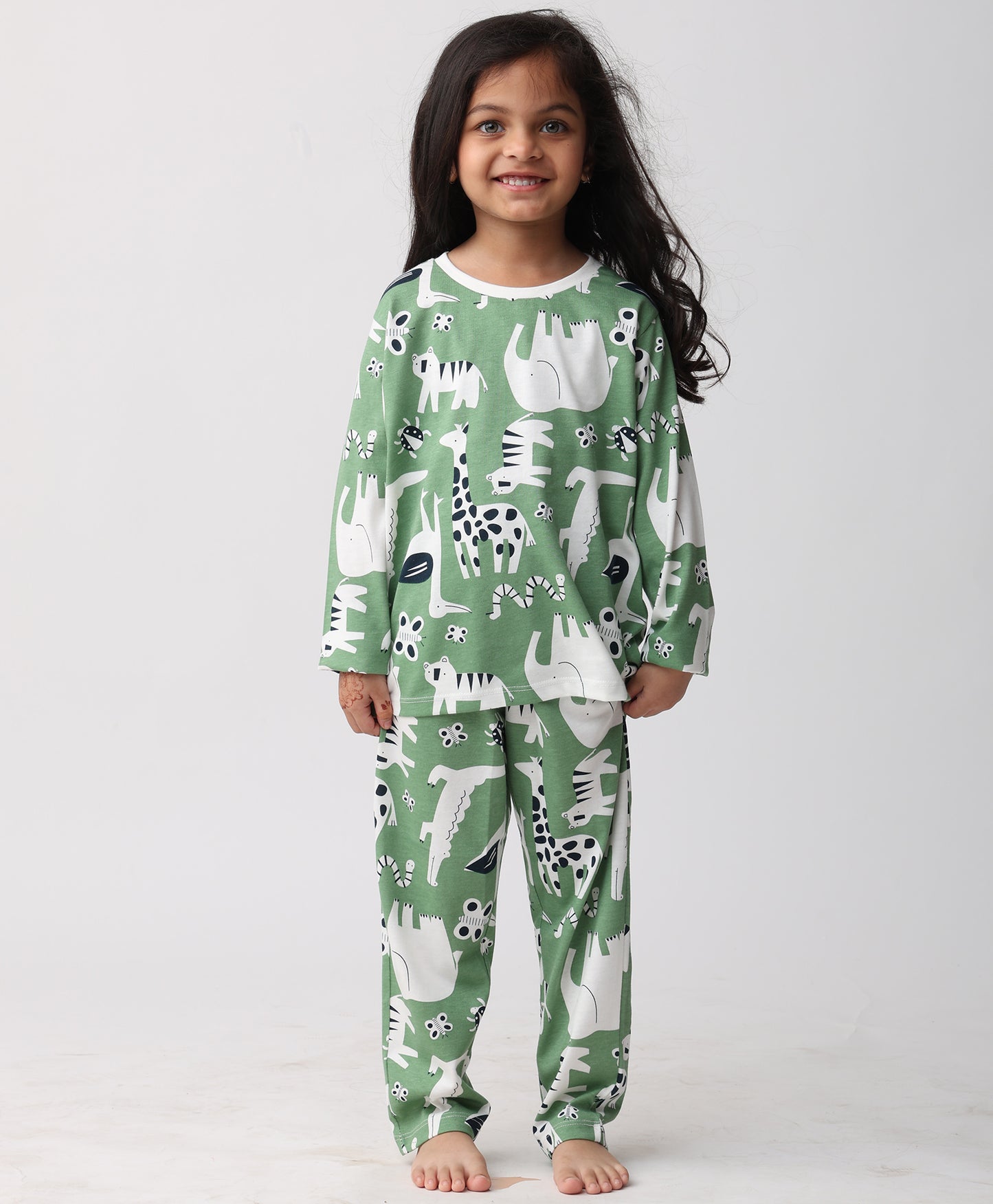 ANIMAL GREEN GIRLS LONG SLEEVE PYJAMA SET - GREEN