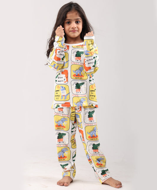 DINOSAUR STAMP GILRS LONG SLEEVE PYJAMA SET - WHITE