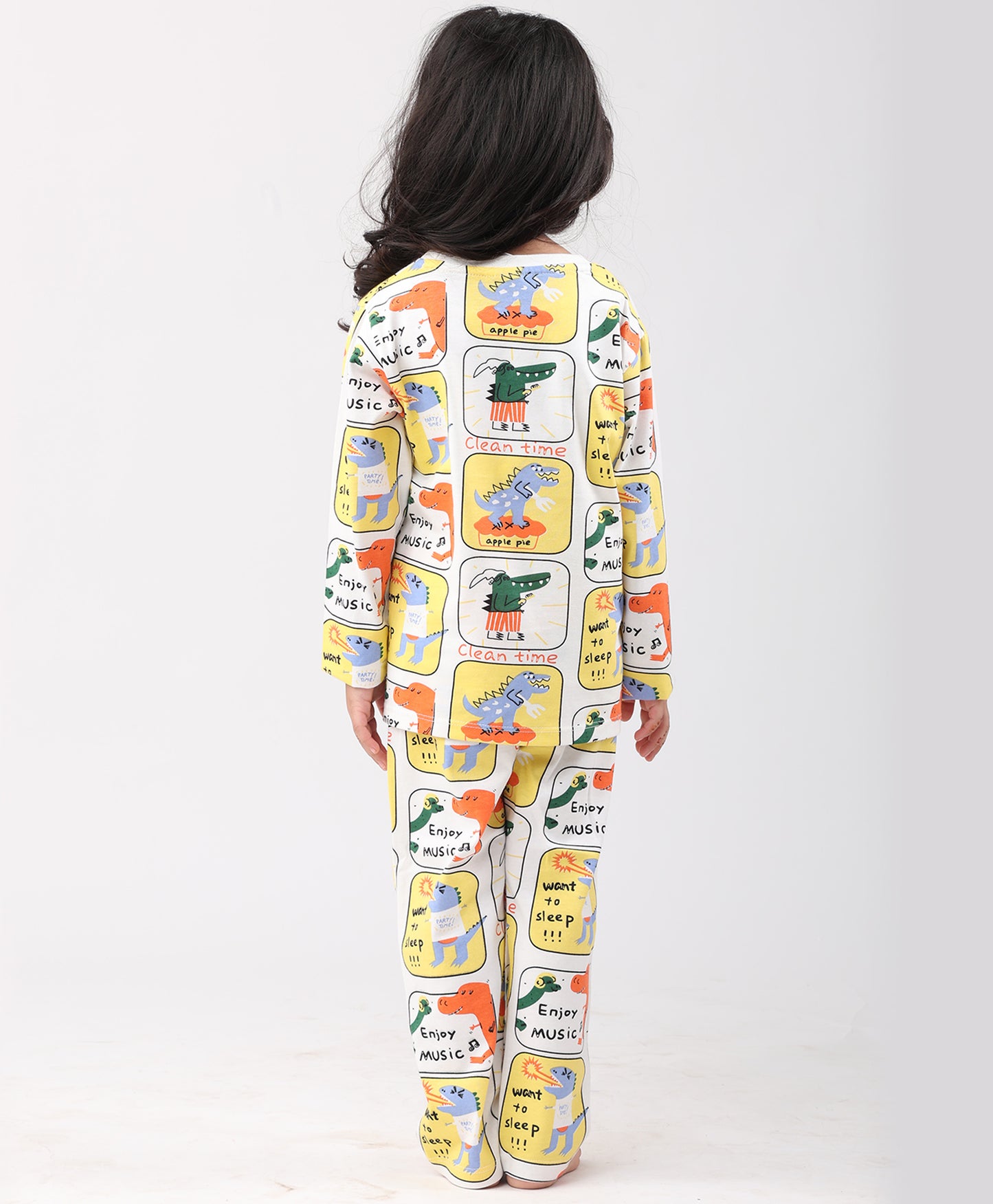 DINOSAUR STAMP GILRS LONG SLEEVE PYJAMA SET - WHITE