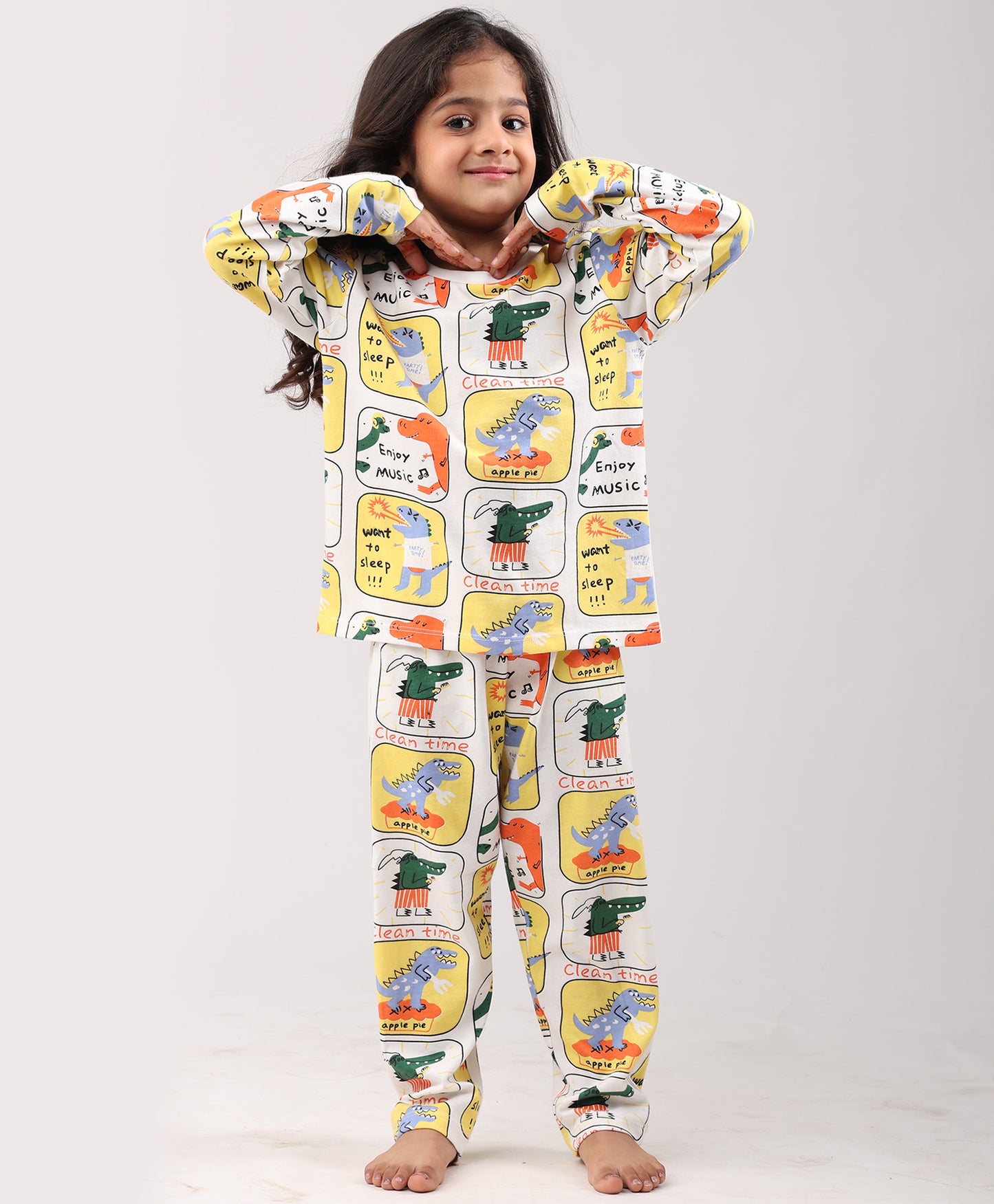 DINOSAUR STAMP GILRS LONG SLEEVE PYJAMA SET - WHITE