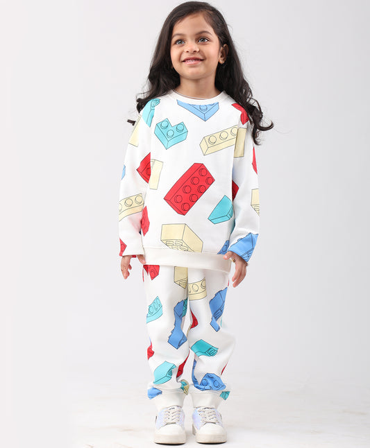BLOCK BUILDER FLEECE GIRLS SWEATSHIRT JOGGER SET - OFF WHITE