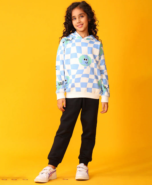 GLOBE CHECK GIRLS FLEECE HOODIE BLACK JOGGER SET - BLUE/BLACK