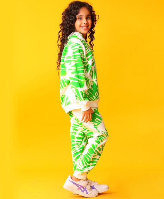 GREEN SWIRL GIRLS FLEECE HOODIE JOGGER SET - GREEN
